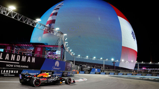 LAS VEGAS, NV - NOVEMBER 22: Max Verstappen, driver of the #1 Red Bull Racing races toward the Sphere during the Formula 1 Las Vegas Grand Prix on November 22, 2025 on the Las Vegas Strip Circuit in Las Vegas, Nevada.