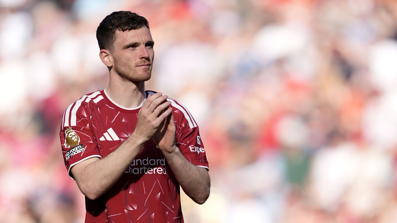 Liverpool's Andrew Robertson applauds the fans on his last apearence for Liverpool following the Premier League match at Anfield, Liverpool. Picture date: Sunday May 24, 2026.