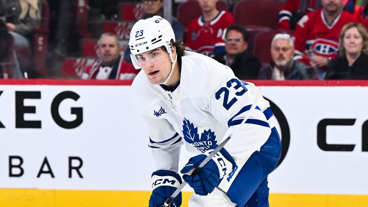 MONTREAL, CANADA - MARCH 10: Matthew Knies #23 of the Toronto Maple Leafs skates during the third period against the Montréal Canadiens at the Bell Centre on March 10, 2026 in Montreal, Quebec, Canada. The Montréal Canadiens defeated the Toronto Maple Leafs 3-1.