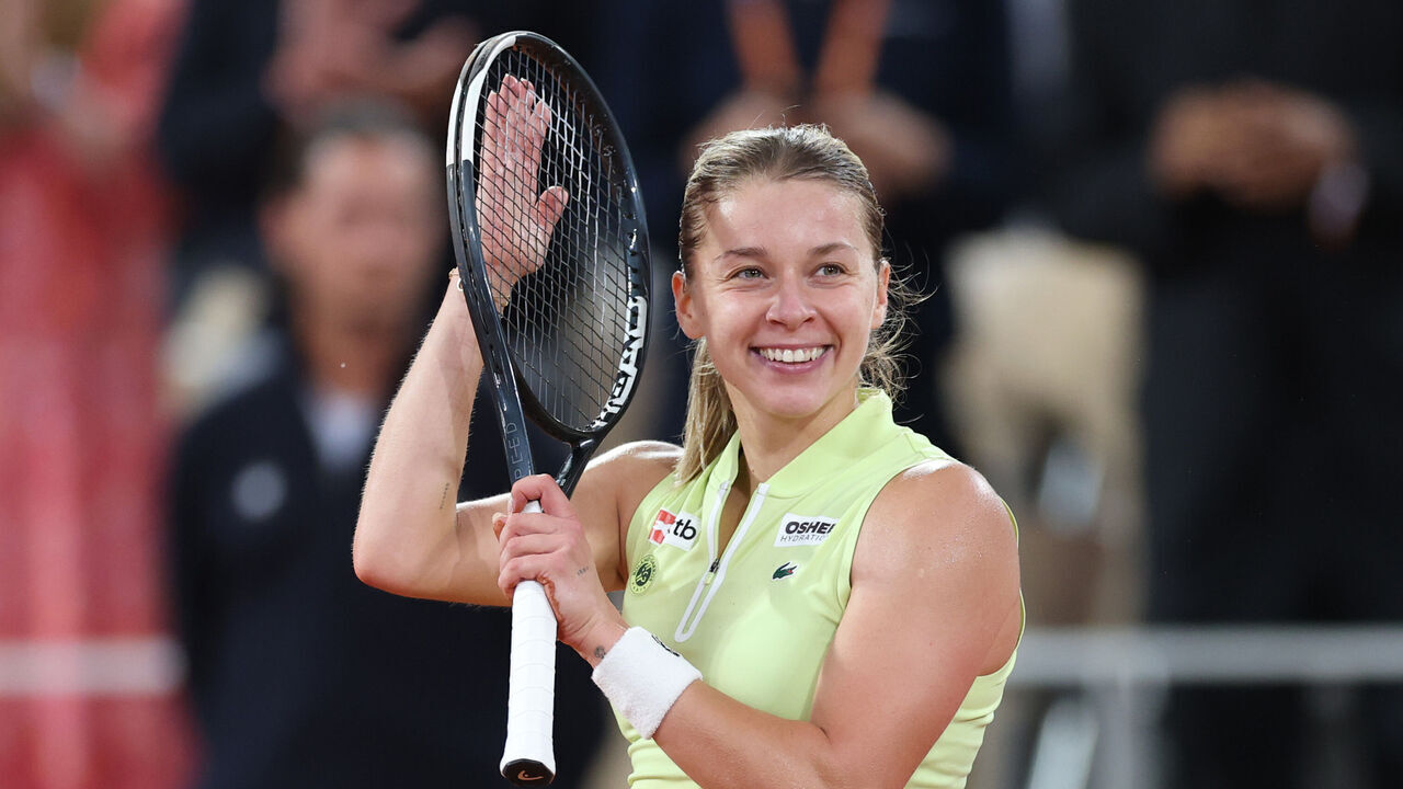 PARIS, FRANCE - JUNE 04: Maja Chwalinska of Poland celebrates after claiming victory over Diana Shnaider in their semi final match during Day Twelve of the 2026 French Open at Roland Garros on June 04, 2026 in Paris, France.