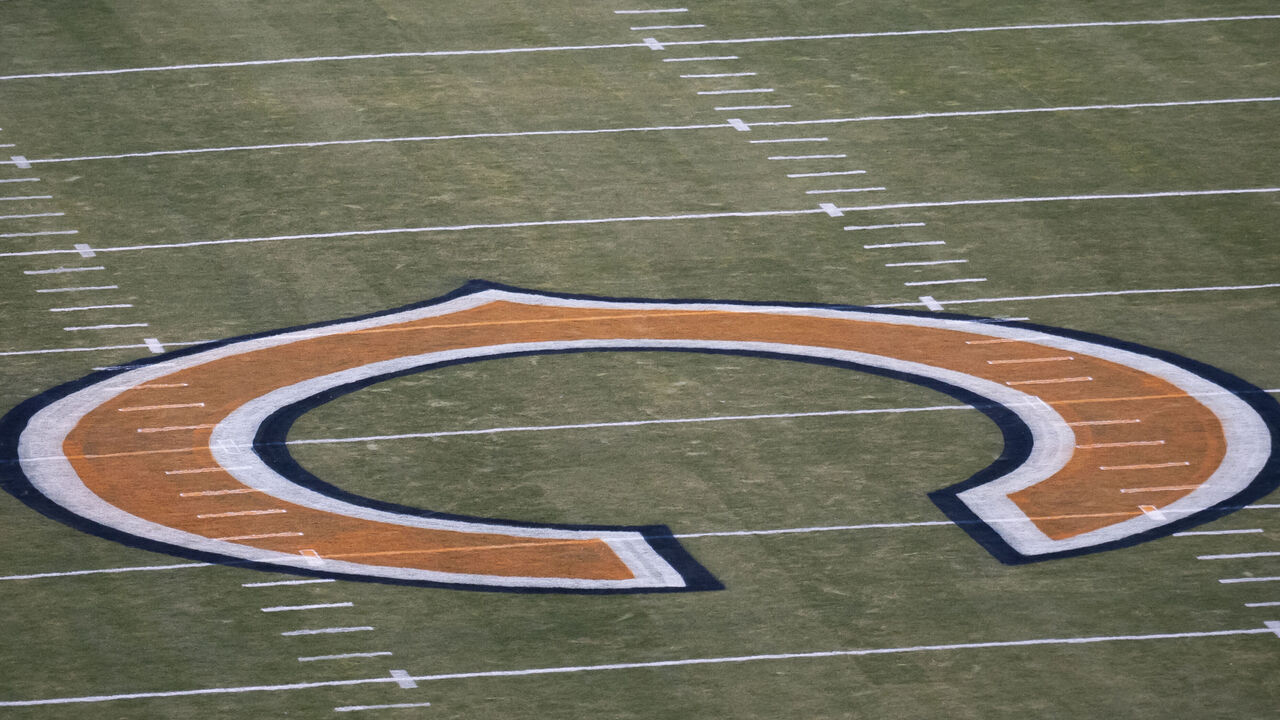 CHICAGO, IL - DECEMBER 20: The Chicago Bears center field logo is pictured before a regular season game between the Green Bay Packers and the Chicago Bears on December 20, 2025, at Soldier Field in Chicago, Illinois.