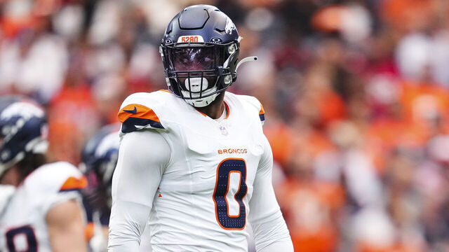 HOUSTON, TX - NOVEMBER 02: Jonathon Cooper #0 of the Denver Broncos looks on from the field during an NFL football game against the Houston Texans at NRG Stadium on November 2, 2025 in Houston, Texas.