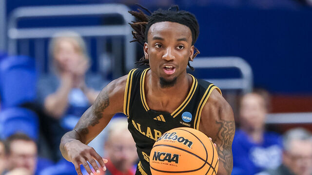 LEXINGTON, KENTUCKY - MARCH 20: Amarr Knox #1 of the Alabama State Hornets brings the ball up court during the game against the Auburn Tigers in the NCAA men's basketball tournament First Round at Rupp Arena on March 20, 2025 in Lexington, Kentucky.