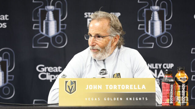 RALEIGH, NC - JUNE 02: Head coach John Tortorella of the Vegas Golden Knights speaks with the media after game one of the NHL Stanley Cup Final between the Vegas Golden Knights and the Carolina Hurricanes on June 2, 2026 at Lenovo Center in Raleigh, North Carolina.