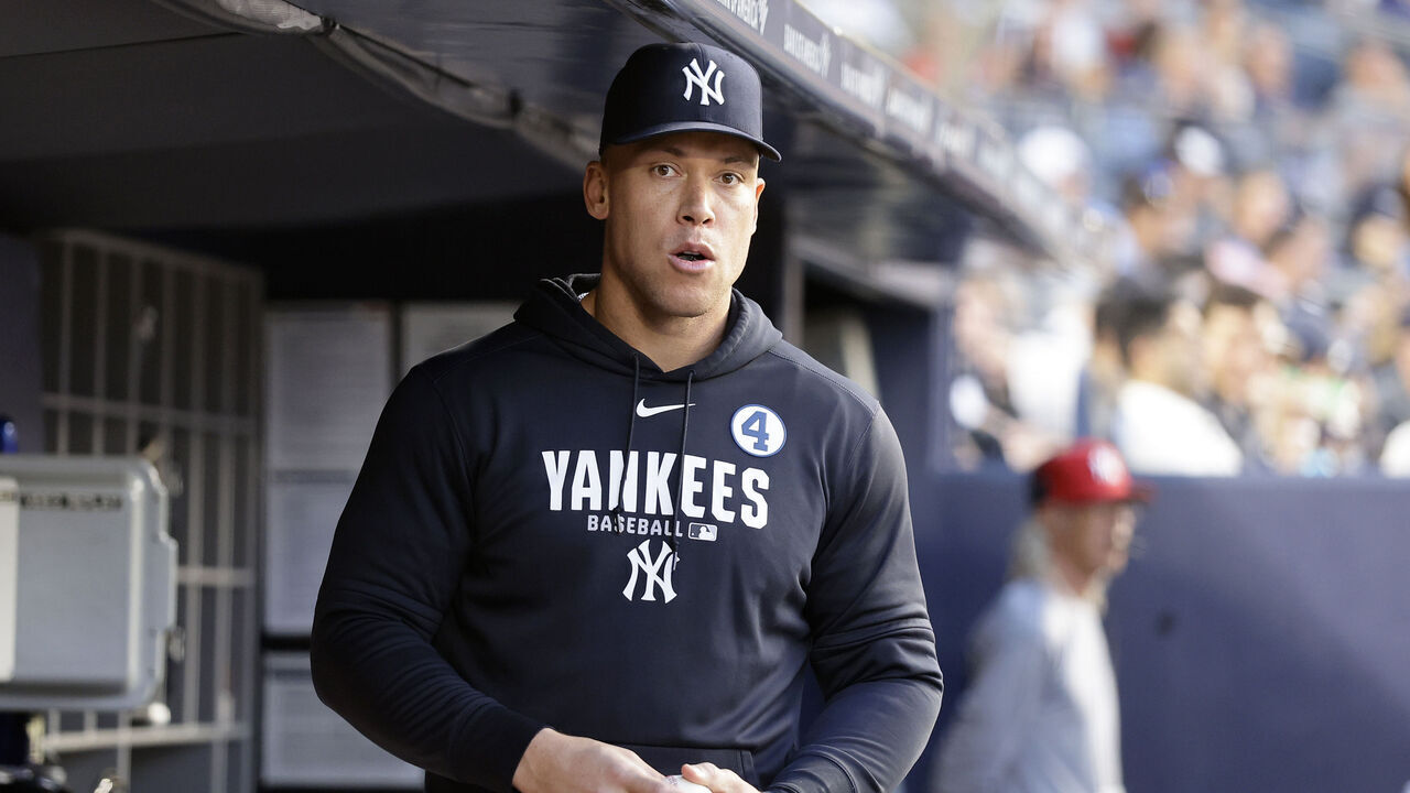 NEW YORK, NEW YORK - JUNE 02: Aaron Judge #99 of the New York Yankees looks on from the dugout during the fourth inning against the Cleveland Guardians at Yankee Stadium on June 02, 2026 in New York City.