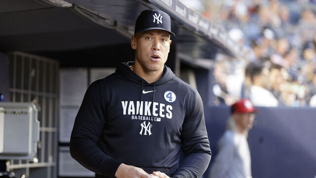 NEW YORK, NEW YORK - JUNE 02: Aaron Judge #99 of the New York Yankees looks on from the dugout during the fourth inning against the Cleveland Guardians at Yankee Stadium on June 02, 2026 in New York City.