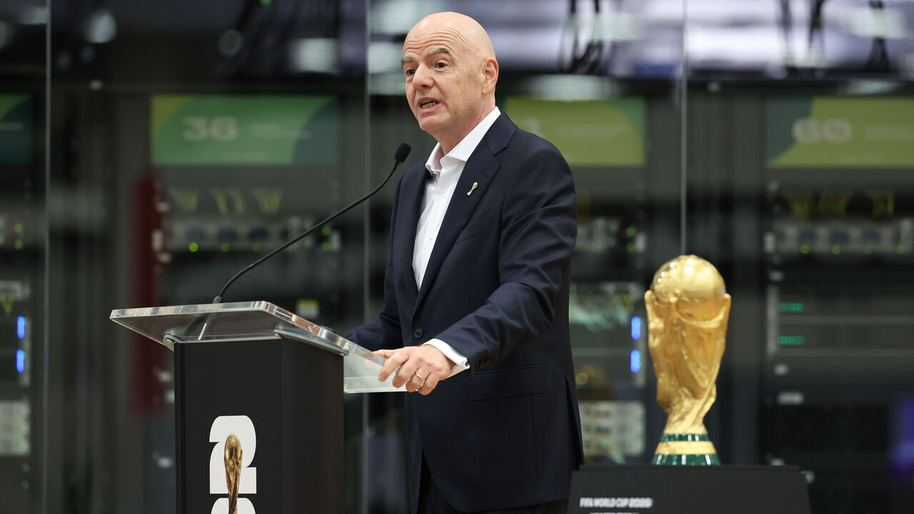 DALLAS, TEXAS - JUNE 01: FIFA President Gianni Infantino speaks during the FIFA World Cup 2026 International Broadcast Center Grand Opening ceremony on June 01, 2026 in Dallas, Texas.