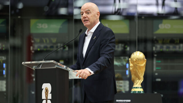 DALLAS, TEXAS - JUNE 01: FIFA President Gianni Infantino speaks during the FIFA World Cup 2026 International Broadcast Center Grand Opening ceremony on June 01, 2026 in Dallas, Texas.