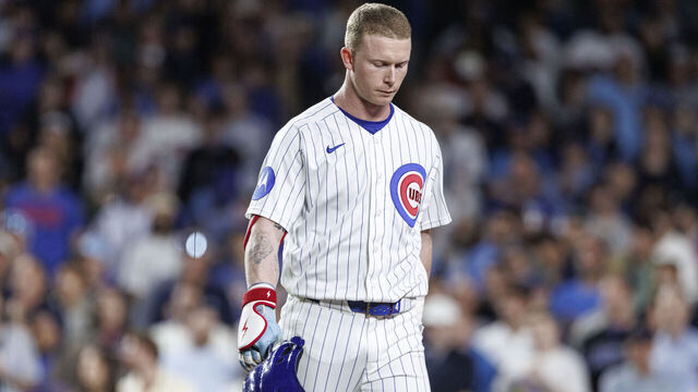 CHICAGO, ILLINOIS - JUNE 03: Pete Crow-Armstrong #4 of the Chicago Cubs reacts after striking out in the 10th inning of a game between the Athletics and the Chicago Cubs at Wrigley Field on June 03, 2026 in Chicago, Illinois.