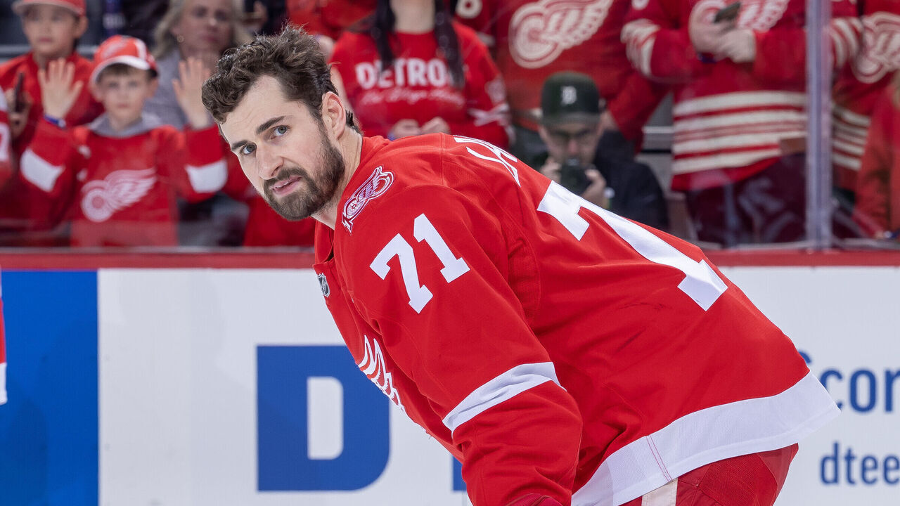 DETROIT, MICHIGAN - MARCH 04: Dylan Larkin #71 of the Detroit Red Wings in warm ups before the game against the Vegas Golden Knights at Little Caesars Arena on March 4, 2026 in Detroit, Michigan.
