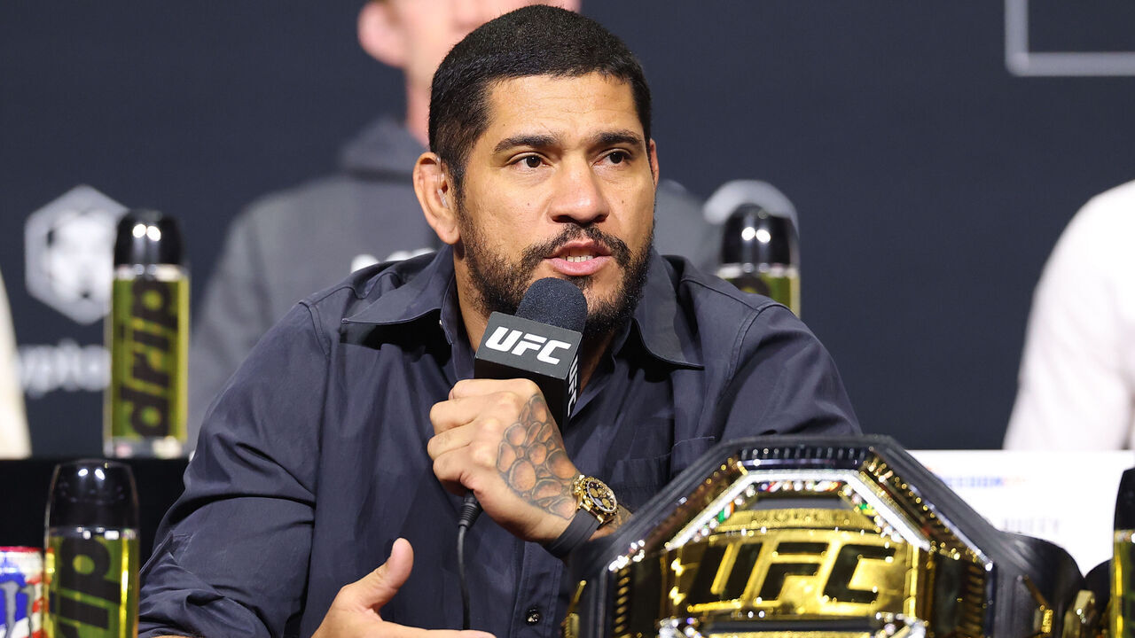 NEWARK, NEW JERSEY - MAY 08: Alex Pereira is seen on stage during the UFC Freedom 250 press conference at Prudential Center on May 08, 2026 in Newark, New Jersey.