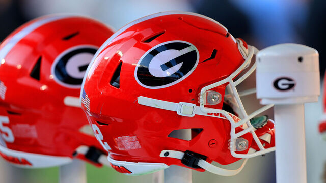 ATHENS, GA - NOVEMBER 22: UGA helmets in the bench area during the Saturday afternoon college football game between the UNCC 49ers and the Georgia Bulldogs on November 22, 2025 at Sanford Stadium in Athens, GA.