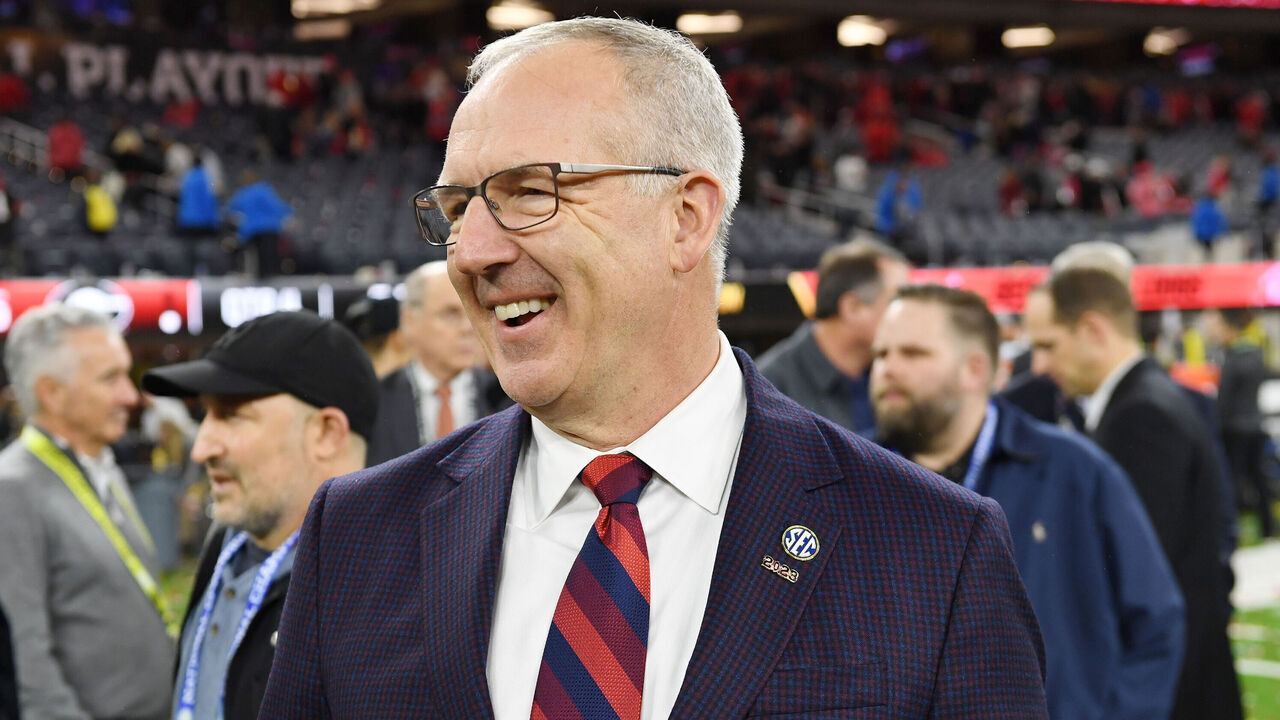 INGLEWOOD, CA - JANUARY 09: SEC Commissioner Greg Sankey looks on after the College Football Playoff National Championship game between the TCU Horned Frogs and the Georgia Bulldogs on January 09, 2023, at SoFi Stadium in Inglewood, CA.
