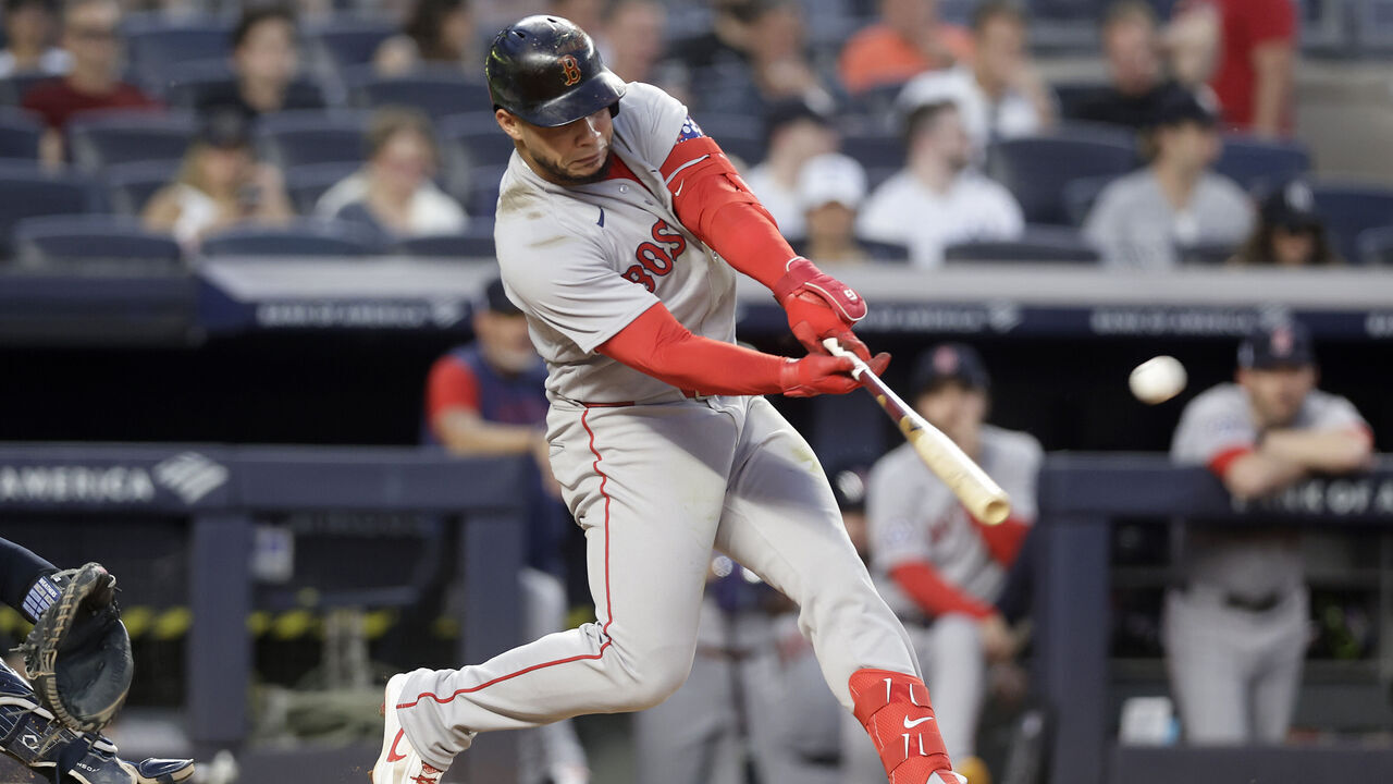 NEW YORK, NEW YORK - JUNE 05: Willson Contreras #40 of the Boston Red Sox hits a two-run home run in the fifth inning against the New York Yankees at Yankee Stadium on June 05, 2026 in New York City.