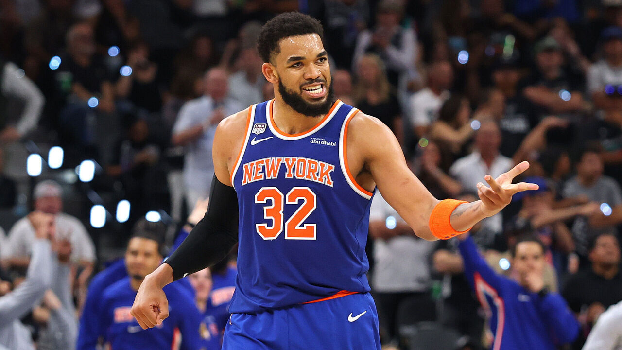 SAN ANTONIO, TEXAS - JUNE 05: Karl-Anthony Towns #32 of the New York Knicks reacts during the third quarter against the San Antonio Spurs in Game Two of the 2026 NBA Finals at Frost Bank Center on June 05, 2026 in San Antonio, Texas.