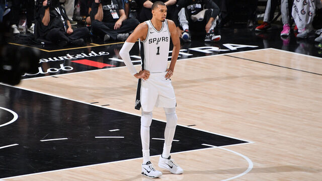 SAN ANTONIO, TX - JUNE 5: Victor Wembanyama #1 of the San Antonio Spurs looks on during the game against the New York Knicks during Game Two of the 2026 NBA Finals on June 5, 2026 at Frost Bank Center in San Antonio, Texas. Mandatory Copyright Notice: Copyright 2026 NBAE
