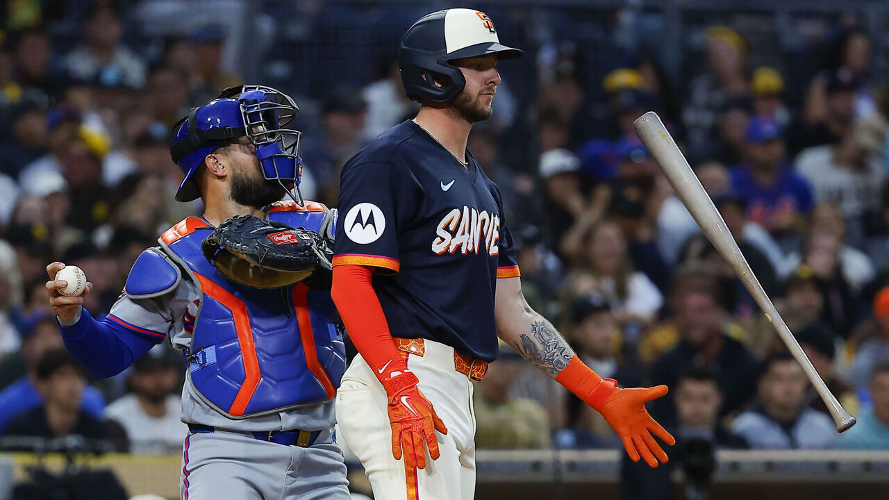 San Diego, California - June 05: Jackson Merrill #3 of the San Diego Padres tosses his bat after striking out against the New York Mets at Petco Park on Friday, June 5, 2026 in San Diego, California.