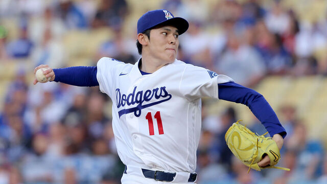 LOS ANGELES, CALIFORNIA - JUNE 05: Roki Sasaki #11 of the Los Angeles Dodgers pitches during the first inning against the Los Angeles Angels at Dodger Stadium on June 05, 2026 in Los Angeles, California.