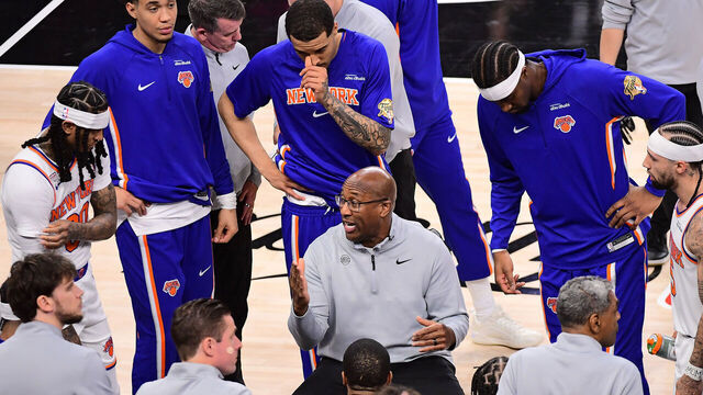 SAN ANTONIO, TX - JUNE 3: Head Coach Mike Brown of the New York Knicks and teammates huddle up during the game against the San Antonio Spurs during Game One of the 2026 NBA Finals on June 3, 2026 at Frost Bank Center in San Antonio, Texas. Mandatory Copyright Notice: Copyright 2026 NBAE