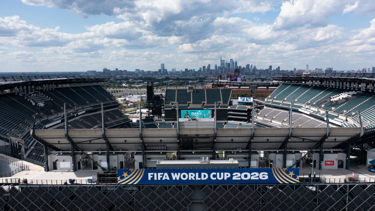 An aerial view of Philadelphia Stadium (temporarily renamed from Lincoln Financial Field) ahead of the 2026 FIFA World Cup in Philadelphia, Pennsylvania, on June 1, 2026.
