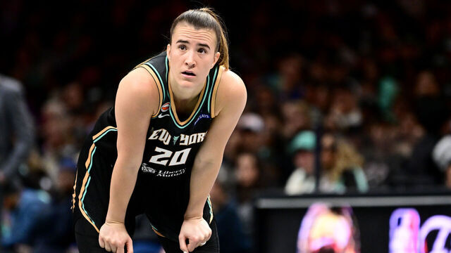 BROOKLYN, NY - MAY 24: Sabrina Ionescu #20 of the New York Liberty looks on during the game against the Dallas Wings on May 24, 2026 at Barclays Center Arena in Brooklyn, New York. Mandatory Copyright Notice: Copyright 2026 NBAE