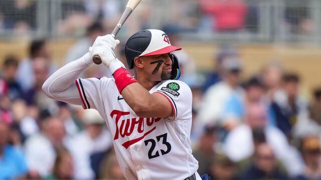 MINNEAPOLIS, MN - MAY 17: Royce Lewis #23 of the Minnesota Twins bats against the Milwaukee Brewers on May 17, 2026 at Target Field in Minneapolis, Minnesota.