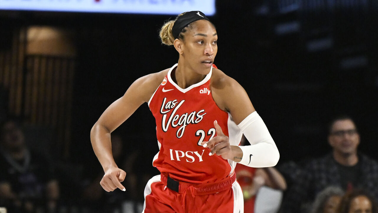 LAS VEGAS, NV - JUNE 6: A'ja Wilson #22 of the Las Vegas Aces looks on during the game against the Golden State Valkyries on June 6, 2026 at Michelob ULTRA Arena in Las Vegas, Nevada. Mandatory Copyright Notice: Copyright 2026 NBAE