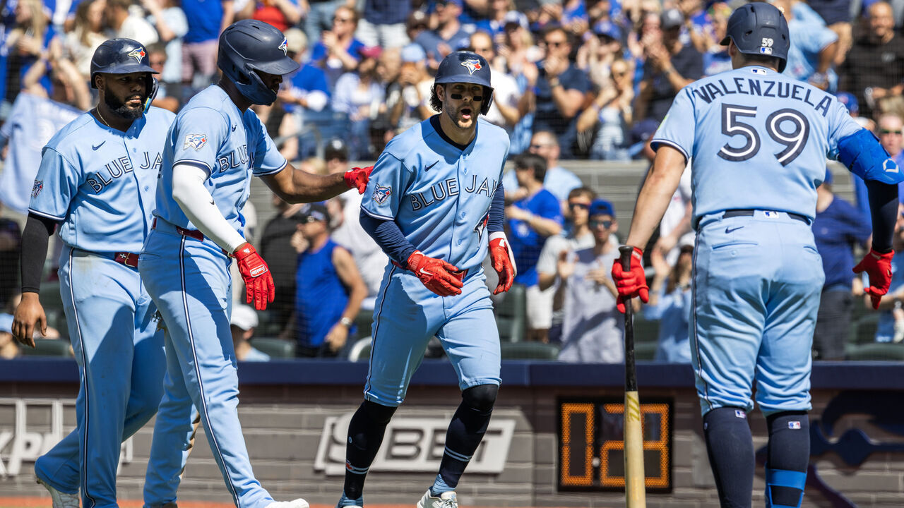 TORONTO, CANADA - JUNE 6: Ernie Clement #22 of the Toronto Blue Jays gestures after hitting a home run against the Baltimore Orioles during the third inning in their MLB game at the Rogers Centre on June 6, 2026 in Toronto, Ontario, Canada.