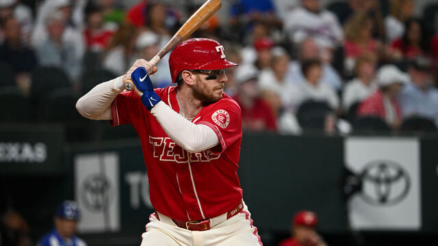 ARLINGTON, TX - MAY 29: Danny Jansen #9 of the Texas Rangers bats in the first inning during the game between the Kansas City Royals and the Texas Rangers at Globe Life Field on Friday, May 29, 2026 in Arlington, Texas.