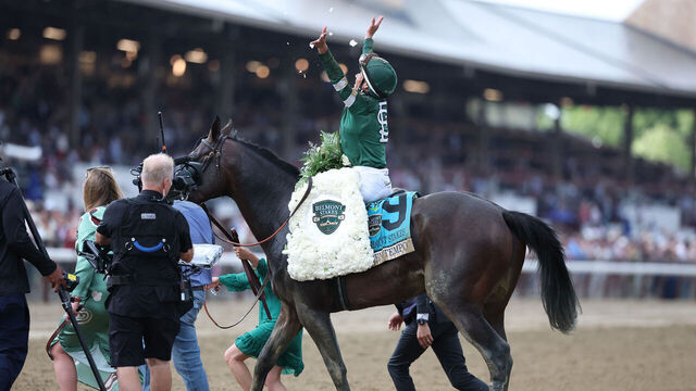 SARATOGA SPRINGS, NEW YORK - JUNE 06: Jose Ortiz atop Golden Tempo celebrates winning the 158th running of the Belmont Stakes at Saratoga Race Course on June 06, 2026 in Saratoga Springs, New York.