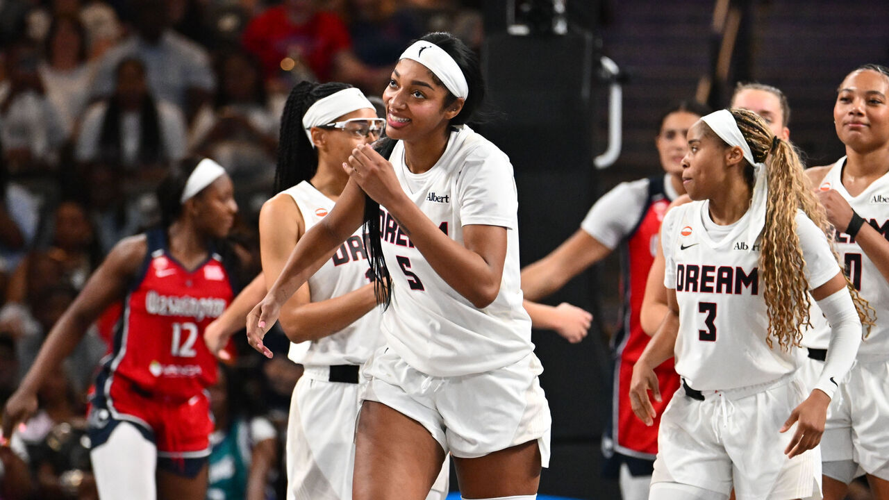 ATLANTA, GA - JUNE 6: Angel Reese #5 of the Atlanta Dream looks on during the game against the Washington Mystics on June 6, 2026 at Gateway Center Arena at College Park in Atlanta, Georgia. Mandatory Copyright Notice: Copyright 2026 NBAE