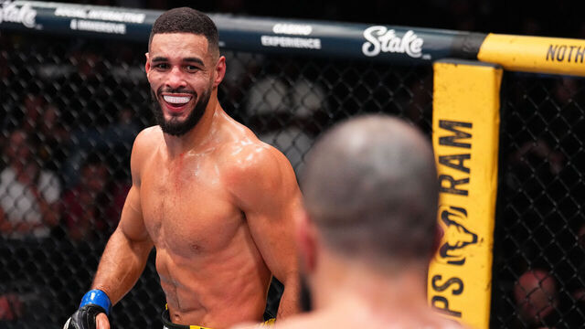LAS VEGAS, NEVADA - JUNE 06: (L-R) Gabriel Bonfim of Brazil smiles across from Belal Muhammad in a welterweight fight during the UFC Fight Night event at Meta APEX on June 06, 2026 in Las Vegas, Nevada.