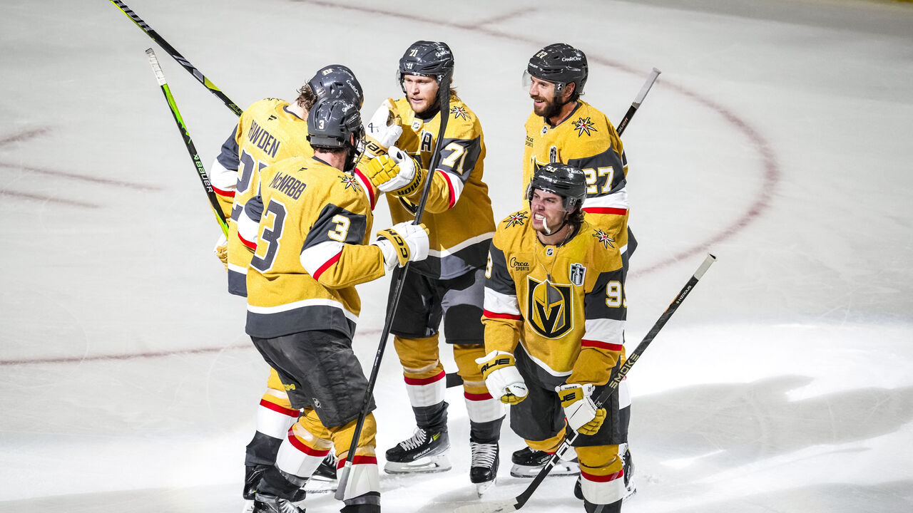 LAS VEGAS, NEVADA - JUNE 06: Mitch Marner #93 of the Vegas Golden Knights celebrates with teammates after scoring a goal during the second period in Game Three of the 2026 Stanley Cup Final at T-Mobile Arena on June 06, 2026 in Las Vegas, Nevada.