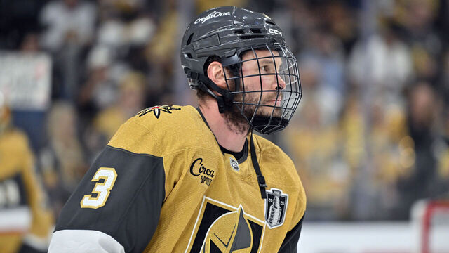 LAS VEGAS, NEVADA - JUNE 06: Brayden McNabb #3 of the Vegas Golden Knights skates during warmups before Game Three of the NHL Stanley Cup Final between the Carolina Hurricanes and the Vegas Golden Knights at T-Mobile Arena on June 06, 2026 in Las Vegas, Nevada.