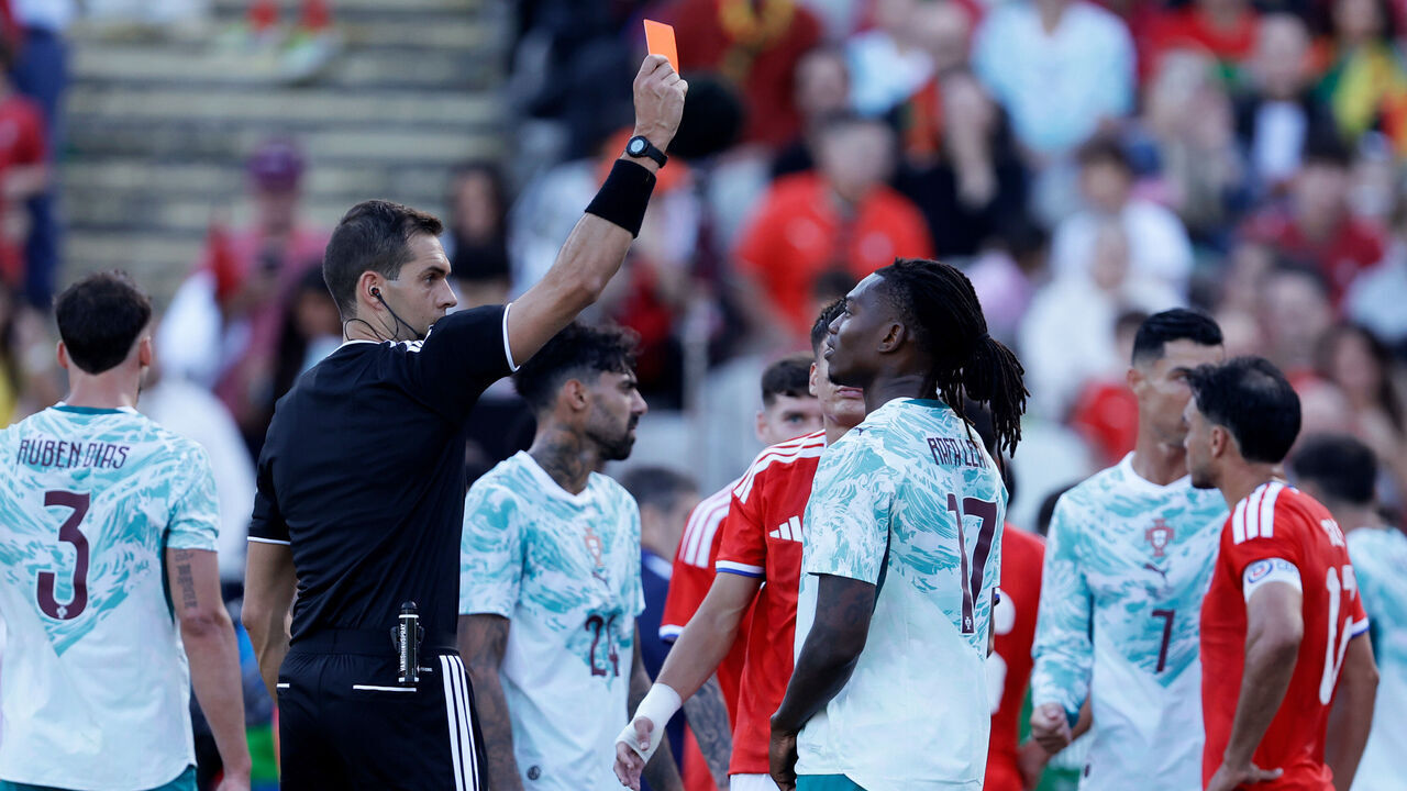 LISBON, PORTUGAL - JUNE 6: Rafael Leao of Portugal receives a red card during the International Friendly match between Portugal v Chile at the Estádio Nacional do Jamor on June 6, 2026 in Lisbon Portugal