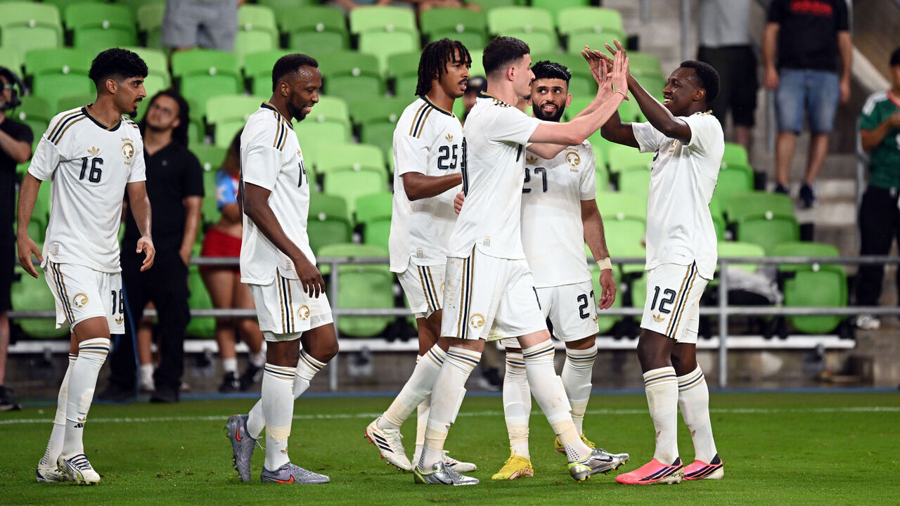 AUSTIN, TX - June 05: Saudi Arabia forward Abdullah Alhamddan is congratulated by team mates after scoring a goal during international friendly between Saudi Arabia and Puerto Rico on June 5, 2026 at Q2 Stadium in Austin, TX.