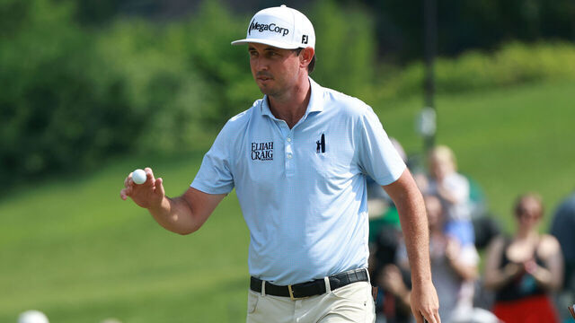 DUBLIN, OHIO - JUNE 07: J.T. Poston acknowledges the gallery on the 18th green during the conclusion of the third round of The Memorial Tournament presented by Workday after play was suspended due to inclement weather at Muirfield Village Golf Club in Dublin, Ohio, USA on Sunday, June 3, 2026.