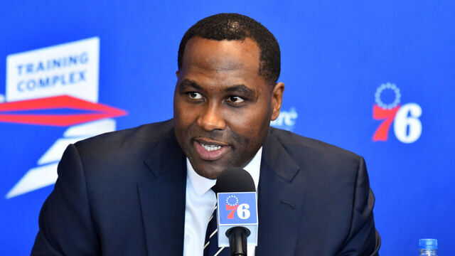 CAMDEN, NJ - JULY 12: Philadelphia 76ers General Manager, Elton Brand speaks during a press conference on July 12, 2019 at the Philadelphia 76ers Training Complex in Camden, New Jersey. NOTE TO USER: User expressly acknowledges and agrees that, by downloading and/or using this photograph, user is consenting to the terms and conditions of the Getty Images License Agreement. Mandatory Copyright Notice: Copyright 2019 NBAE