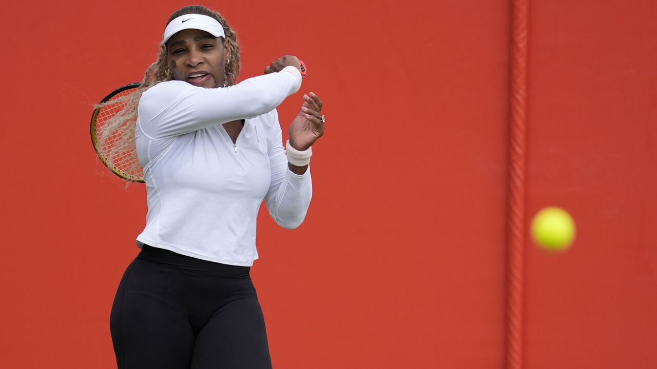 Serena Williams practices ahead of her return to competition at the HSBC Championships 2026 Women's tennis tournament at The Queen's Club in London, England, on June 7, 2026.