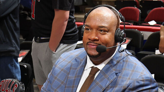 CHICAGO, IL - MARCH 21: Former NBA player and sports announcer, Stacey King and sports announcer Adam Amin look on during the Toronto Raptors v Chicago Bulls game on March 21, 2022 at United Center in Chicago, Illinois. Mandatory Copyright Notice: Copyright 2022 NBAE