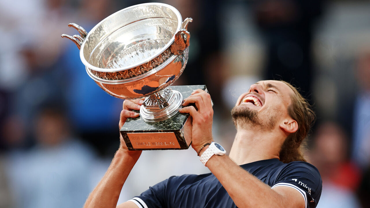 PARIS, FRANCE - JUNE 07: Alexander Zverev of Germany is seen with the trophy after defeating Flavio Cobolli of Italy in the Men's final on Day Fifteen of the 2026 French Open at Roland Garros on June 07, 2026 in Paris, France.