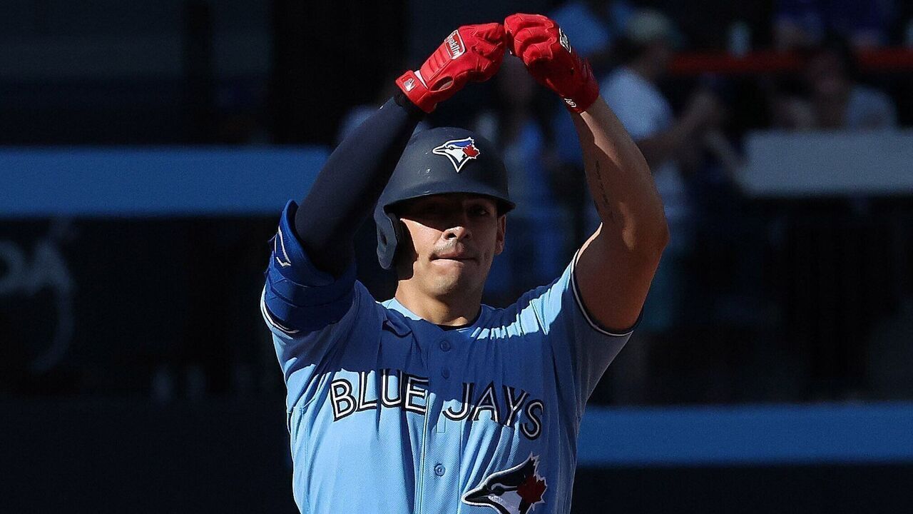 TORONTO, ON- JUNE 6 - Brandon Valenzuela #59 of the Toronto Blue Jays celebrates an eighth inning double as the Toronto Blue Jays play the Baltimore Orioles at Rogers Centre in Toronto. June 6, 2026. Steve Russell/Toronto Star (Steve Russell/Toronto Star via Getty Images)