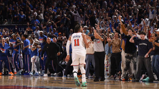 NEW YORK, NY - MAY 19: Jalen Brunson #11 of the New York Knicks celebrates during the game against the Cleveland Cavaliers during Game One of the NBA Eastern Conference Finals on May 19, 2026 at Madison Square Garden in New York City, New York. Mandatory Copyright Notice: Copyright 2026 NBAE