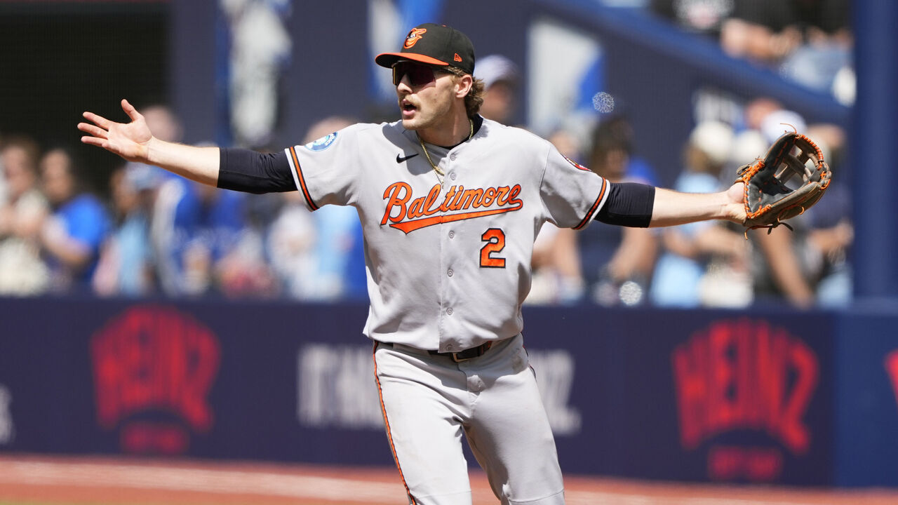 TORONTO, CANADA - JUNE 7: Gunnar Henderson #2 of the Baltimore Orioles reacts to a call on the field during the sixth inning against the Toronto Blue Jays at Rogers Centre on June 7, 2026 in Toronto, Canada.