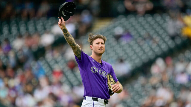 DENVER, CO - June 7: Colorado Rockies pitcher Kyle Freeland (21) acknowledges the crowd as they cheer after the announcement that Freeland had just passerd former pitcher Aaron Cook for the club record for most innings pitched in the fifth inning during a game between the Milwaukee Brewers and the Colorado Rockies at Coors Field on June 7, 2026 in Denver, Colorado.