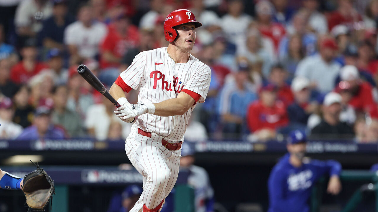 PHILADELPHIA, PENNSYLVANIA - OCTOBER 06: Max Kepler #17 of the Philadelphia Phillies hits a triple during the eighth inning against the Los Angeles Dodgers in game two of the National League Division Series at Citizens Bank Park on October 06, 2025 in Philadelphia, Pennsylvania.