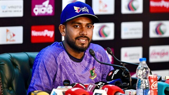 Bangladesh's captain Mehidy Hasan Miraz addresses a press conference at the Sher-e-Bangla National Cricket Stadium in Dhaka on June 8, 2026 ahead of the first One-Day International (ODI) cricket match between Bangladesh and Australia.