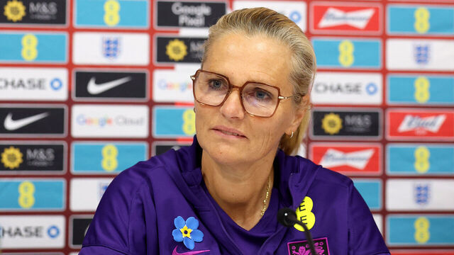 LIVERPOOL, ENGLAND - JUNE 08: Sarina Wiegman, Manager of England, speaks to the media during a press conference at Melwood Training Ground on June 08, 2026 in Liverpool, England.