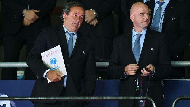 (GERMANY OUT) FUSSBALL International UEFA U21-EUROPAMEISTERSCHAFT 2015 FINALE in PragSchweden - PortugalSiegerehrung UEFA Praesident Michel Platini (li, Frankreich) und UEFA-Generalsekretär Gianni Infantino (re, Schweiz)