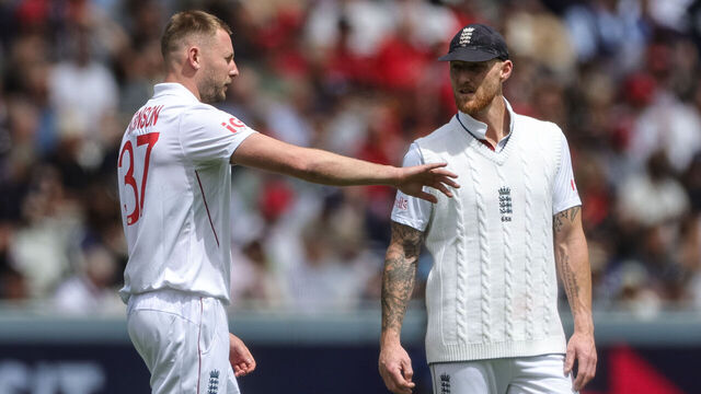 Gus Atkinson of England speaks to England captain Ben Stokes during the 1st Rothesay Test Match Day 2 between England and New Zealand at Lords, London, United Kingdom, on June 5, 2026.